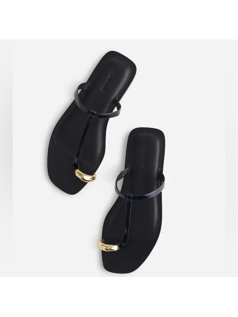 Madewell Dessa Black Leather T-Strap Sandals with Gold Toe Accent